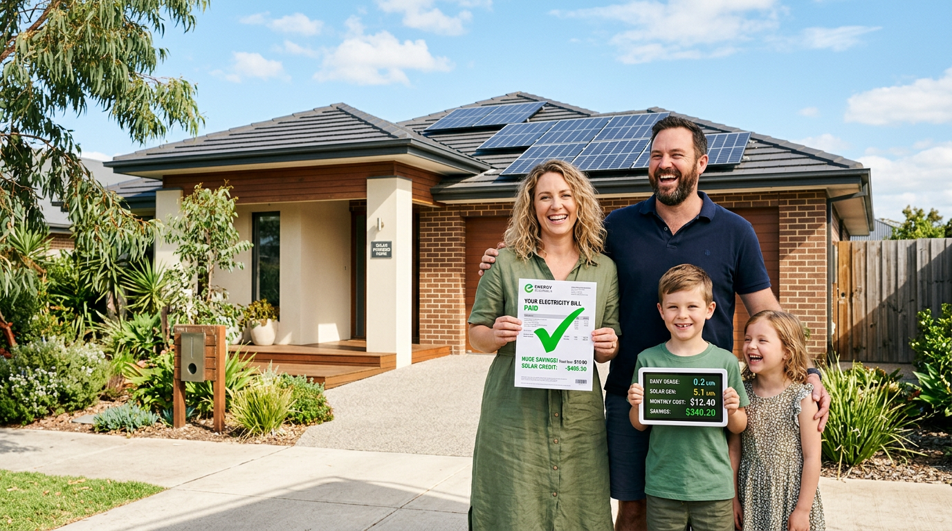 Happy Australian family in front of solar-powered home with low electricity bills